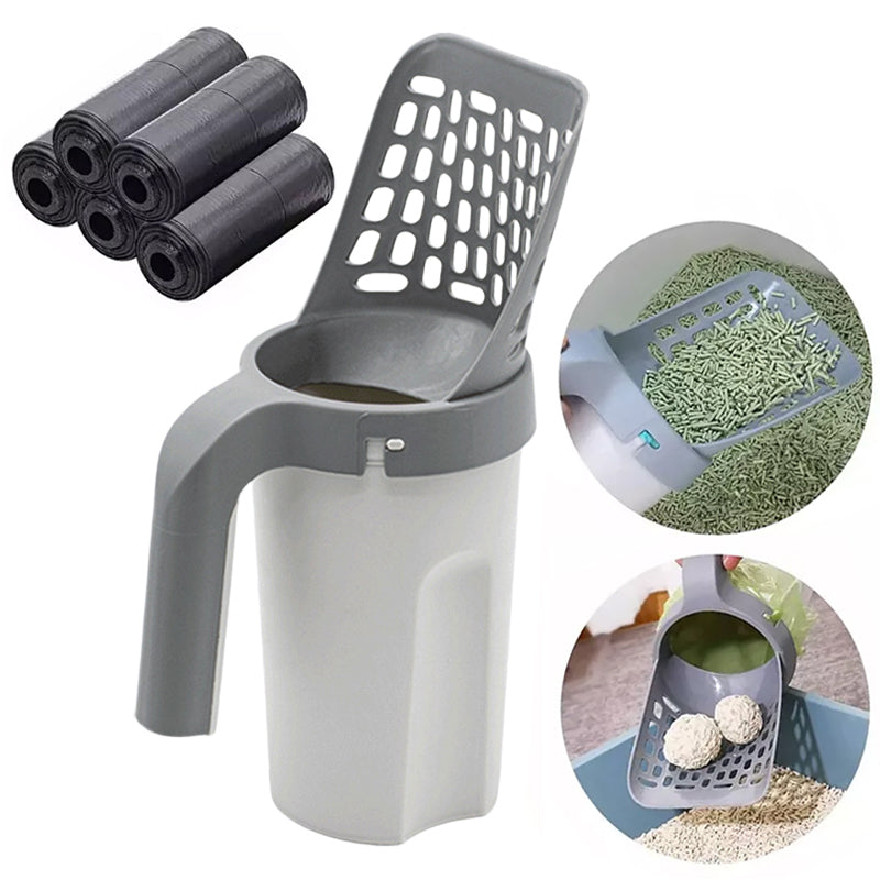 Cat Litter Scoop with Holder & 5 Rolls Waste Bags — 2-in-1 Deep Shovel – 1 | EcoPaws UK