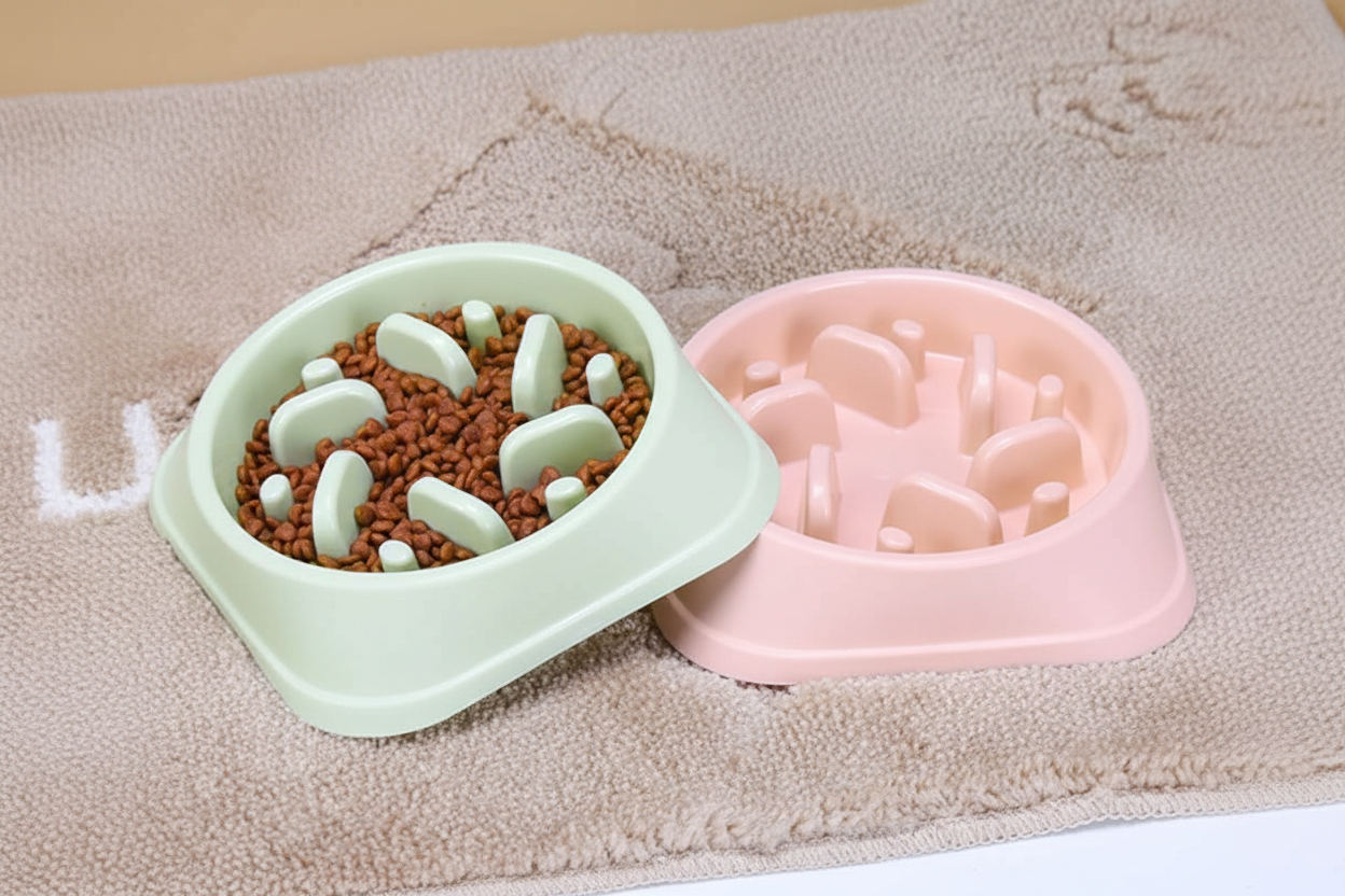 EcoPaws Slow Feeder Dog Bowl — Green and Pink on natural mat